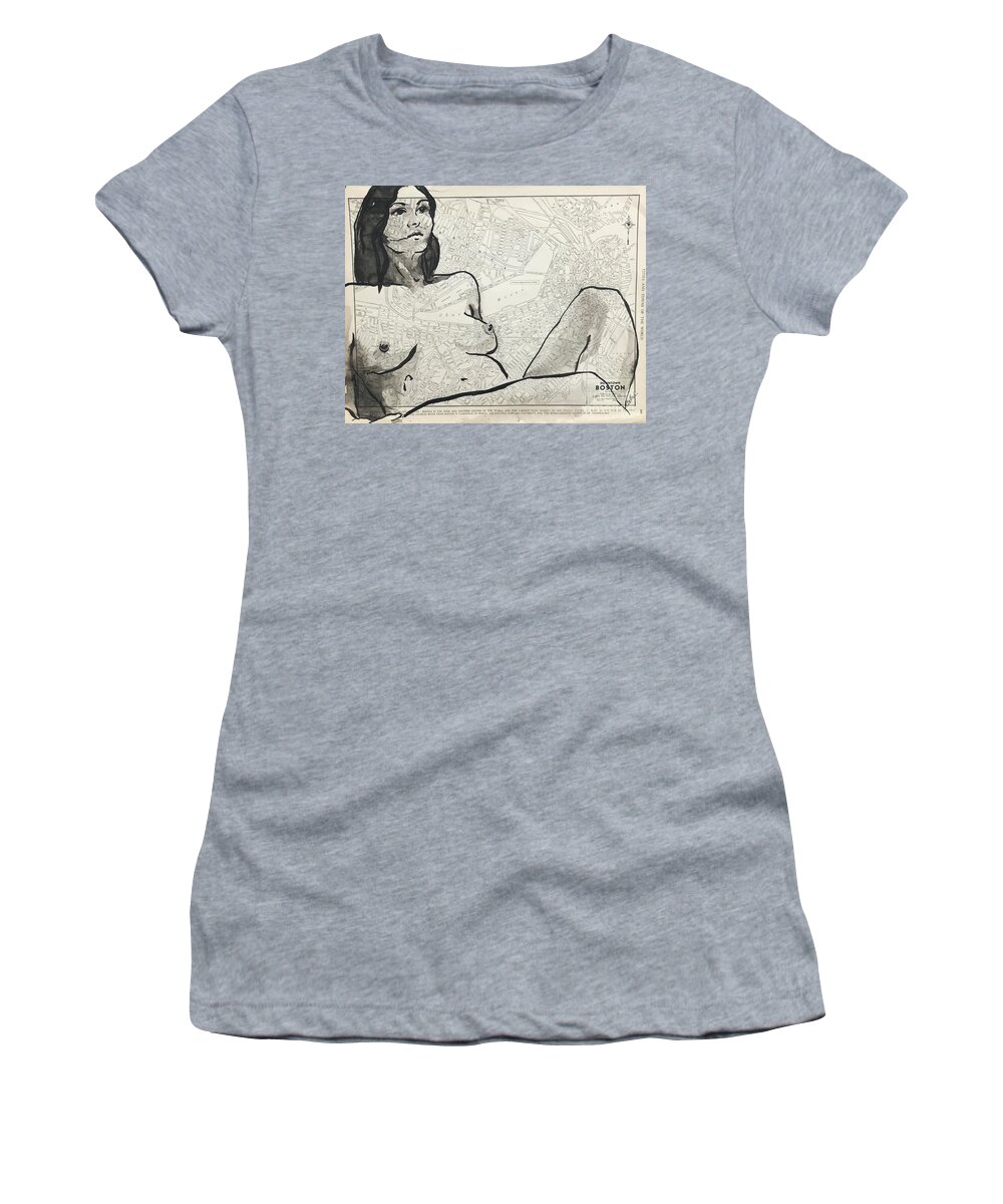 Sumi Ink Women's T-Shirt featuring the drawing Boston by M Bellavia