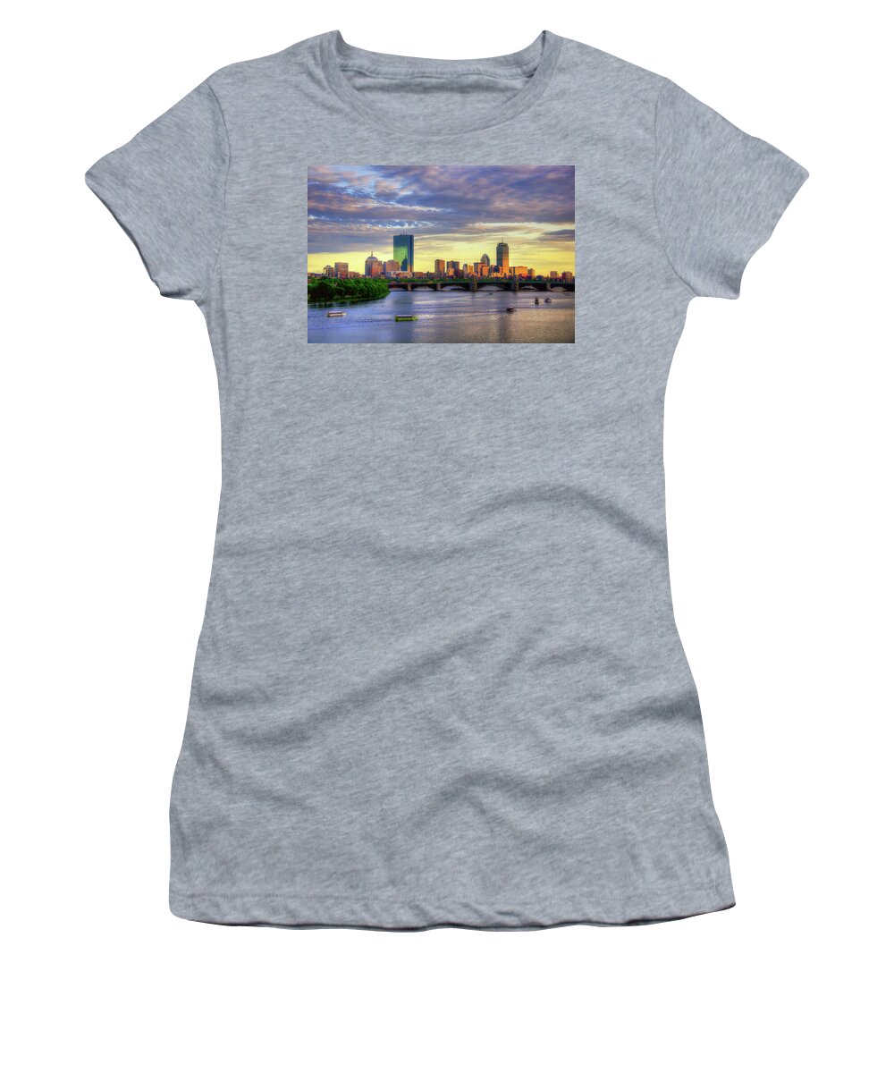 Boston Skyline Women's T-Shirt featuring the photograph Boston Skyline Sunset over Back Bay by Joann Vitali