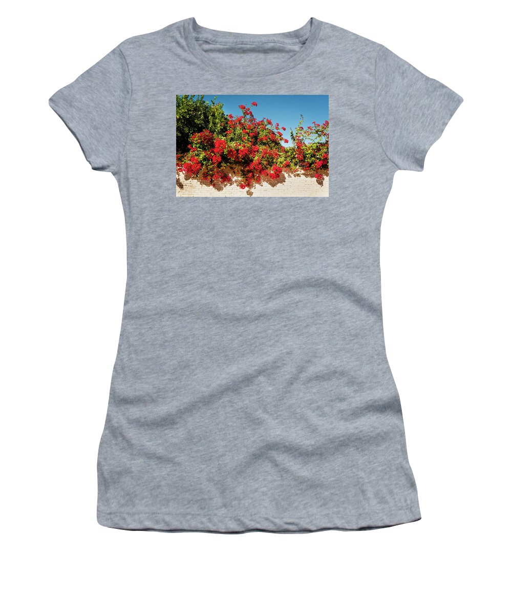 Blue Sky Women's T-Shirt featuring the photograph Bougainvillea Palm Springs California 0402 by Amyn Nasser