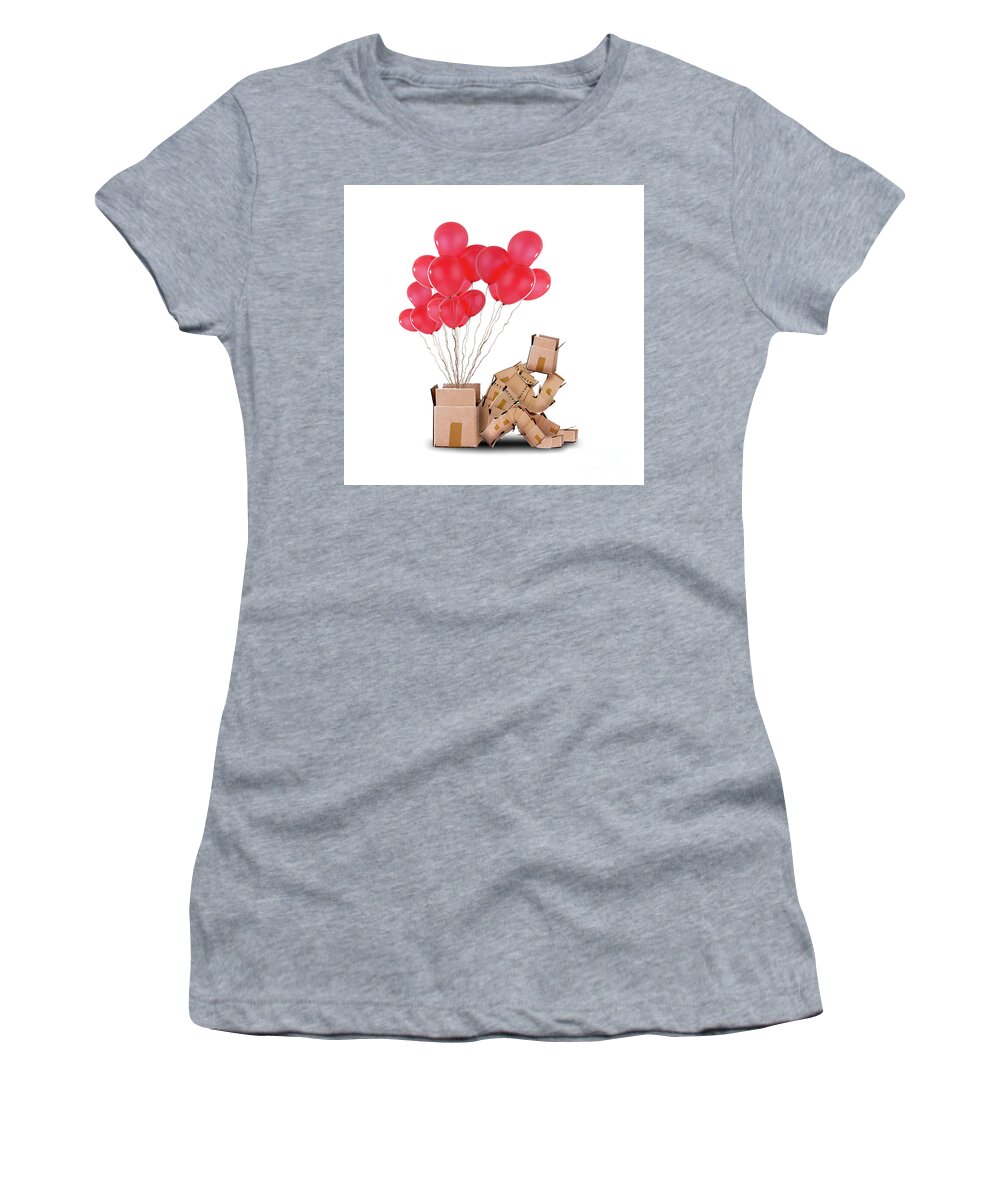 Love Background Women's T-Shirt featuring the photograph Box character sat thinking with balloons gift by Simon Bratt