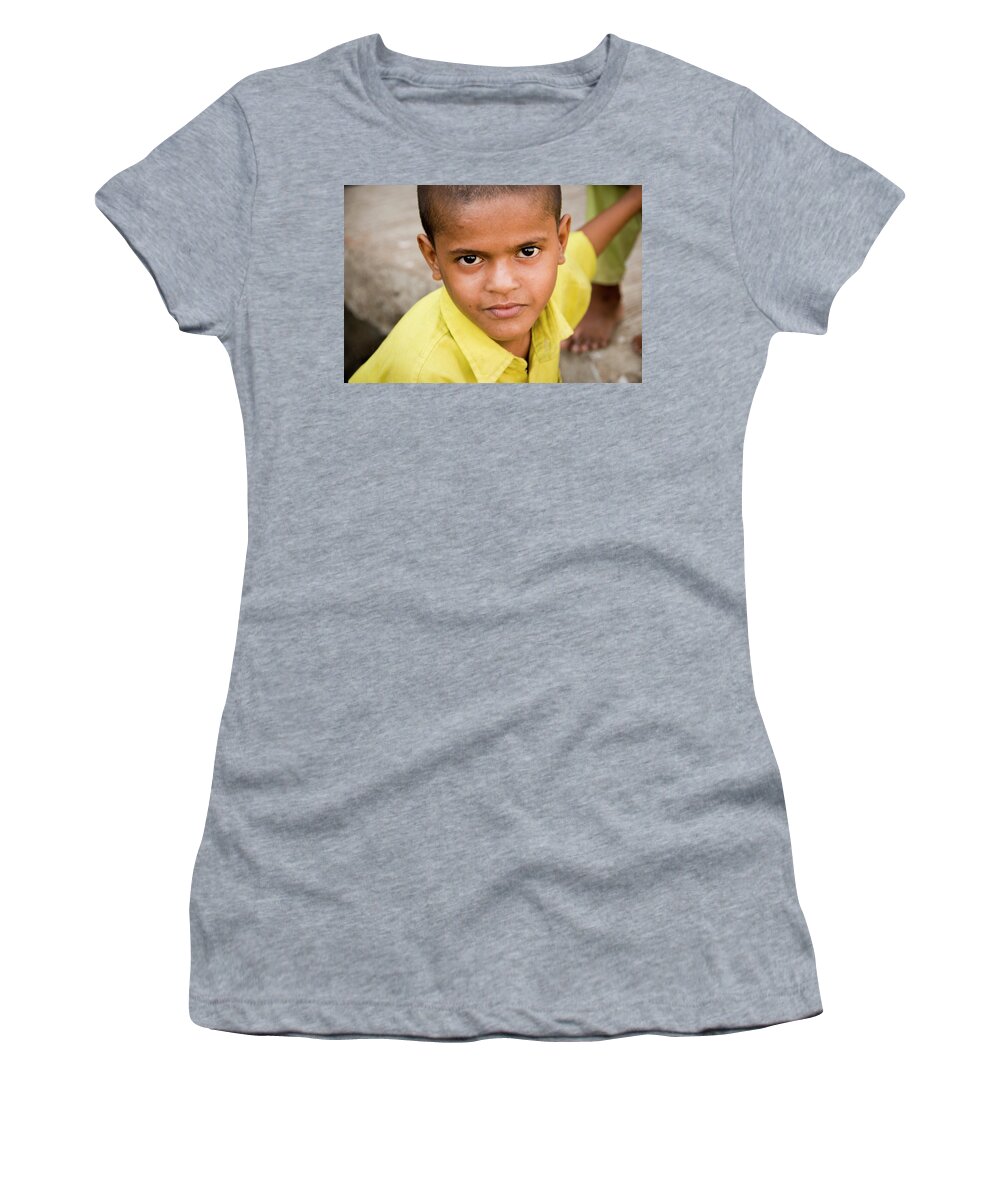 Children Women's T-Shirt featuring the photograph Boy in Mumbai Close-up by Lieve Snellings