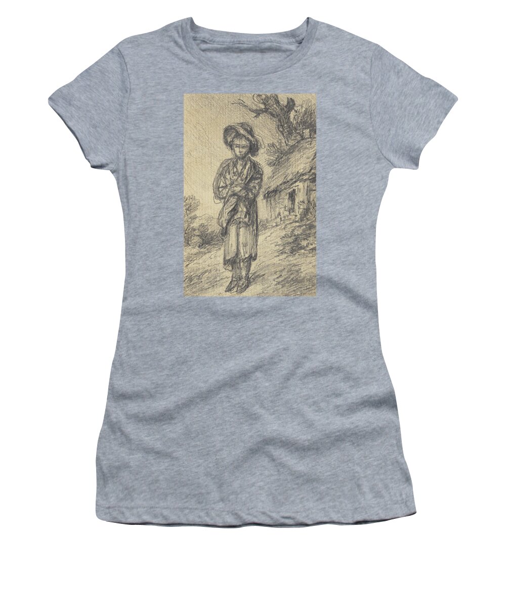 18th Century Painters Women's T-Shirt featuring the drawing Boy Standing by a Cottage by Gainsborough Dupont