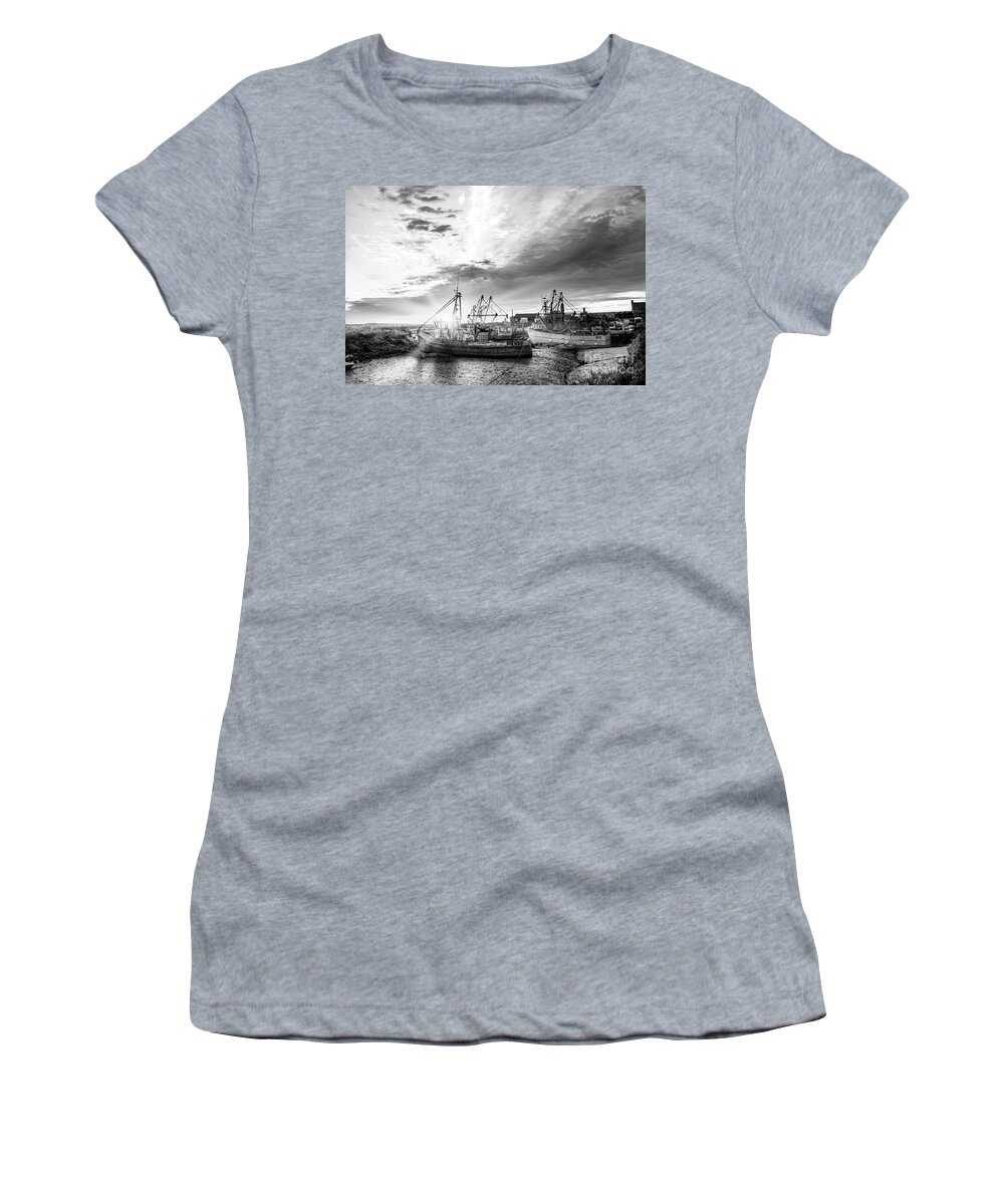 Norfolk Women's T-Shirt featuring the photograph Brancaster Norfolk fishing trawlers at sunrise BW by Simon Bratt