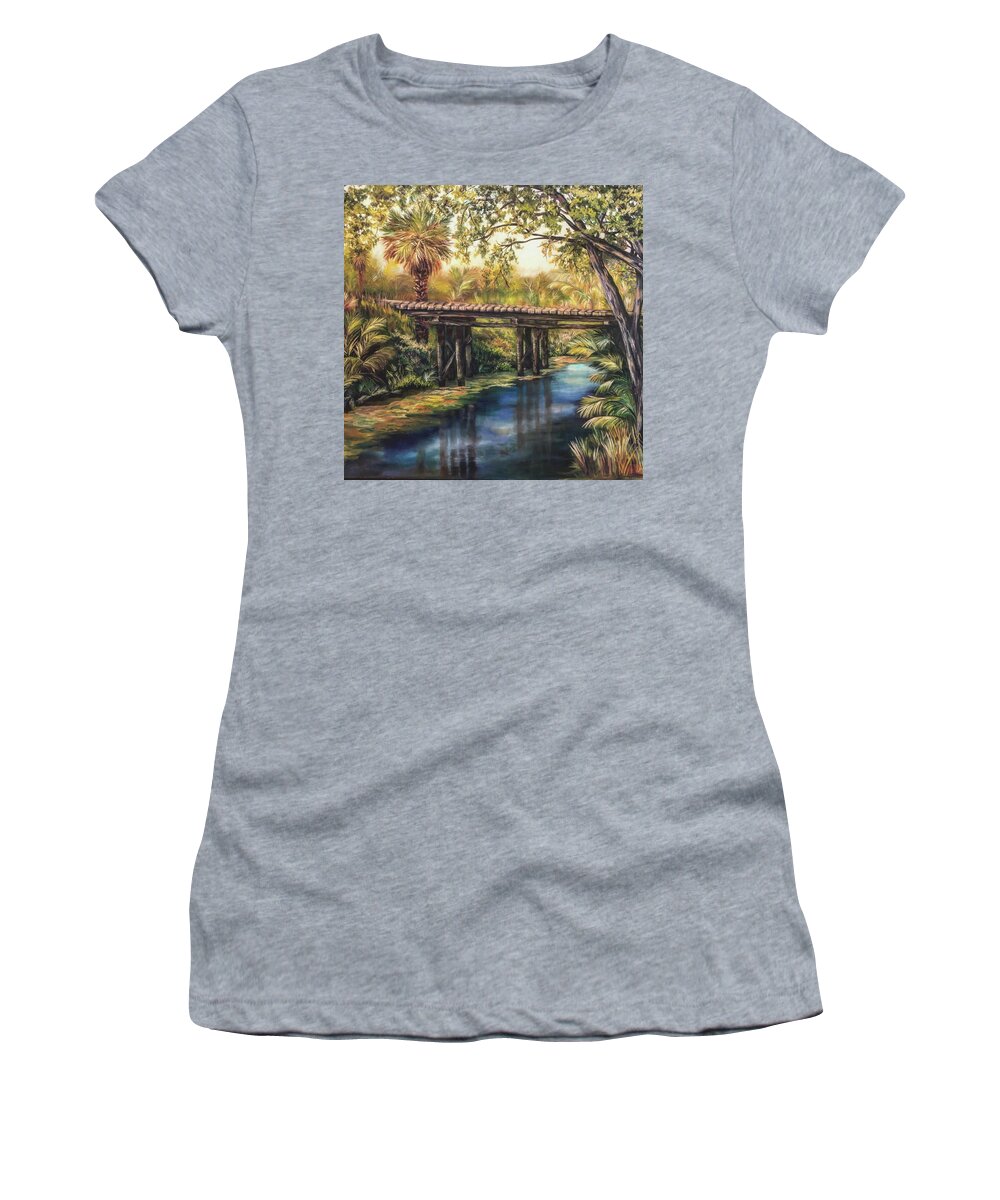 Oil Women's T-Shirt featuring the painting Bridge at the Ranch by Barbara Landry