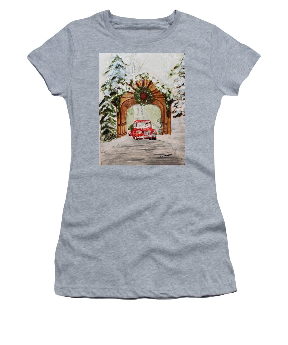 Red Truck Women's T-Shirt featuring the painting Bringing Home the Tree by Juliette Becker