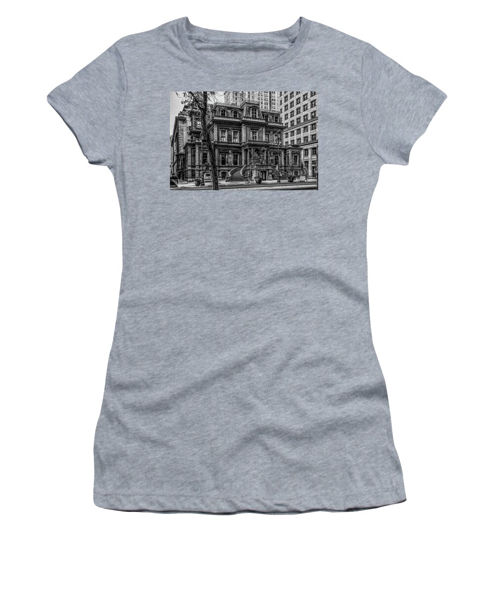 Black And White Women's T-Shirt featuring the photograph Broad Street Philadelphia - The Union League Building in Black a by Bill Cannon
