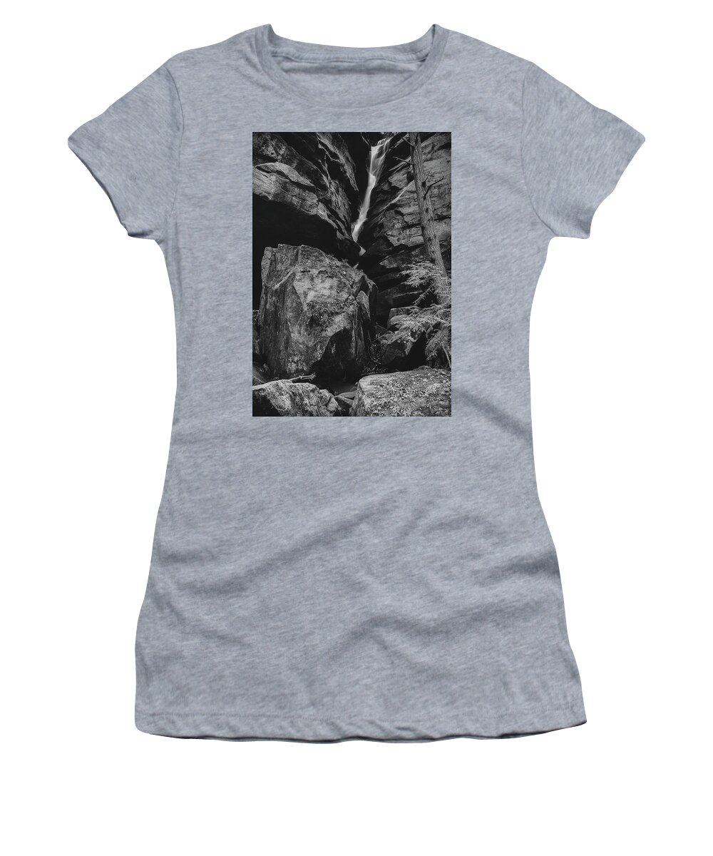 Broken Rock Falls Black And White Women's T-Shirt featuring the photograph Broken Rock Falls Ohio Black And White by Dan Sproul