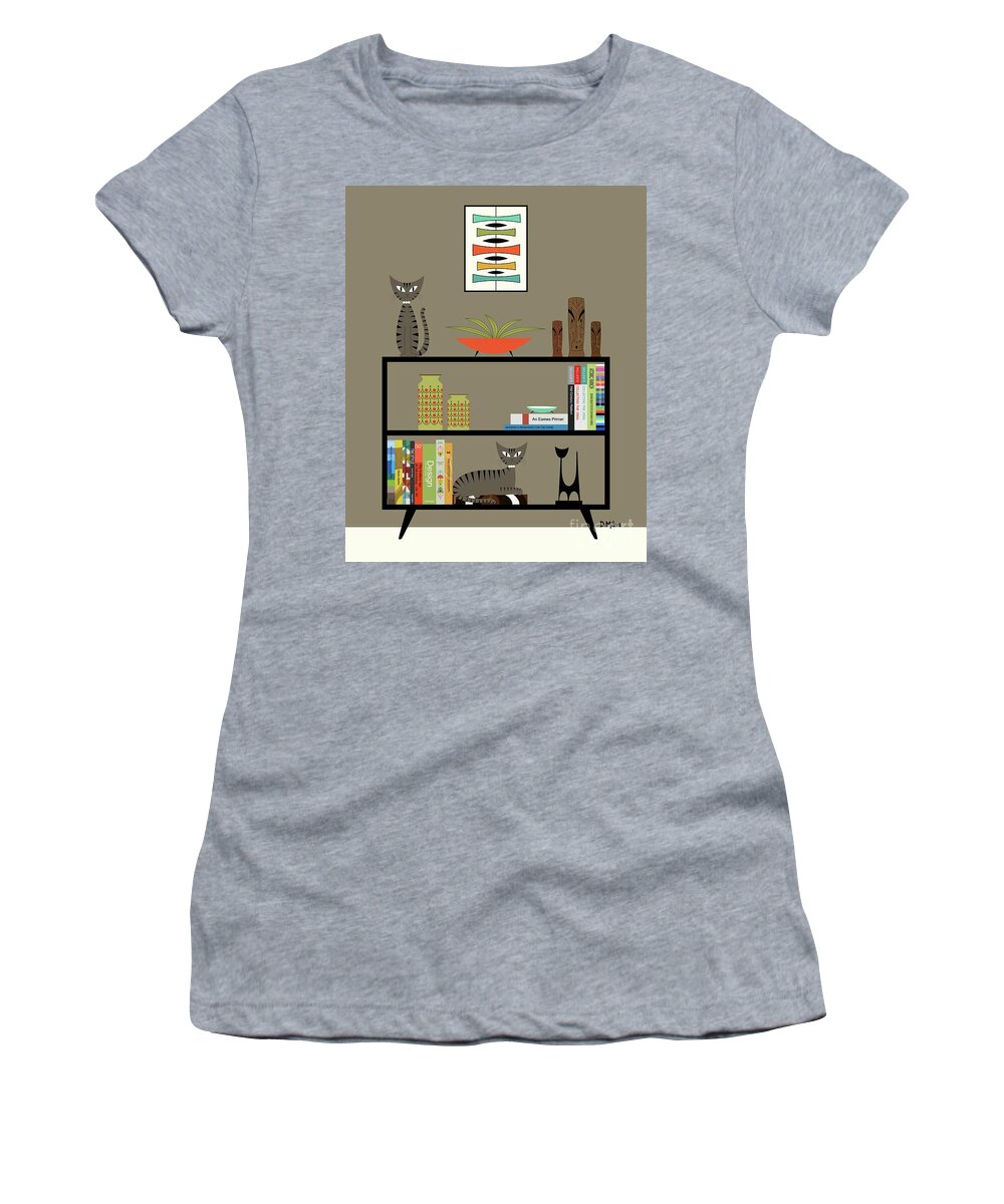 Mid Century Modern Brown Gray Tabby Cats Women's T-Shirt featuring the digital art Brown Gray Tabby Cats on Bookcase by Donna Mibus