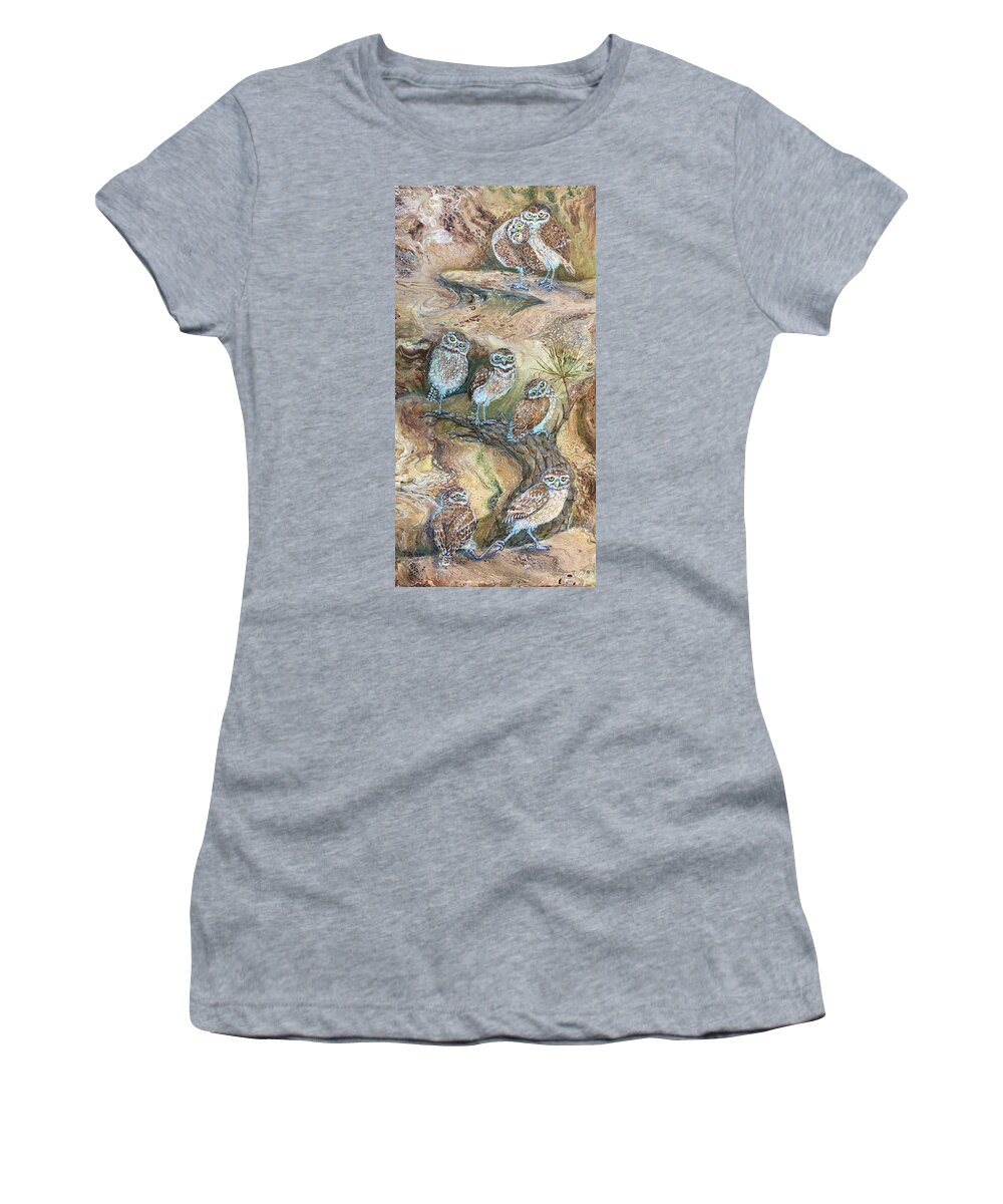 Burrowing Owls Women's T-Shirt featuring the painting Burrowing Owls on Pine Trunk by Pat St Onge