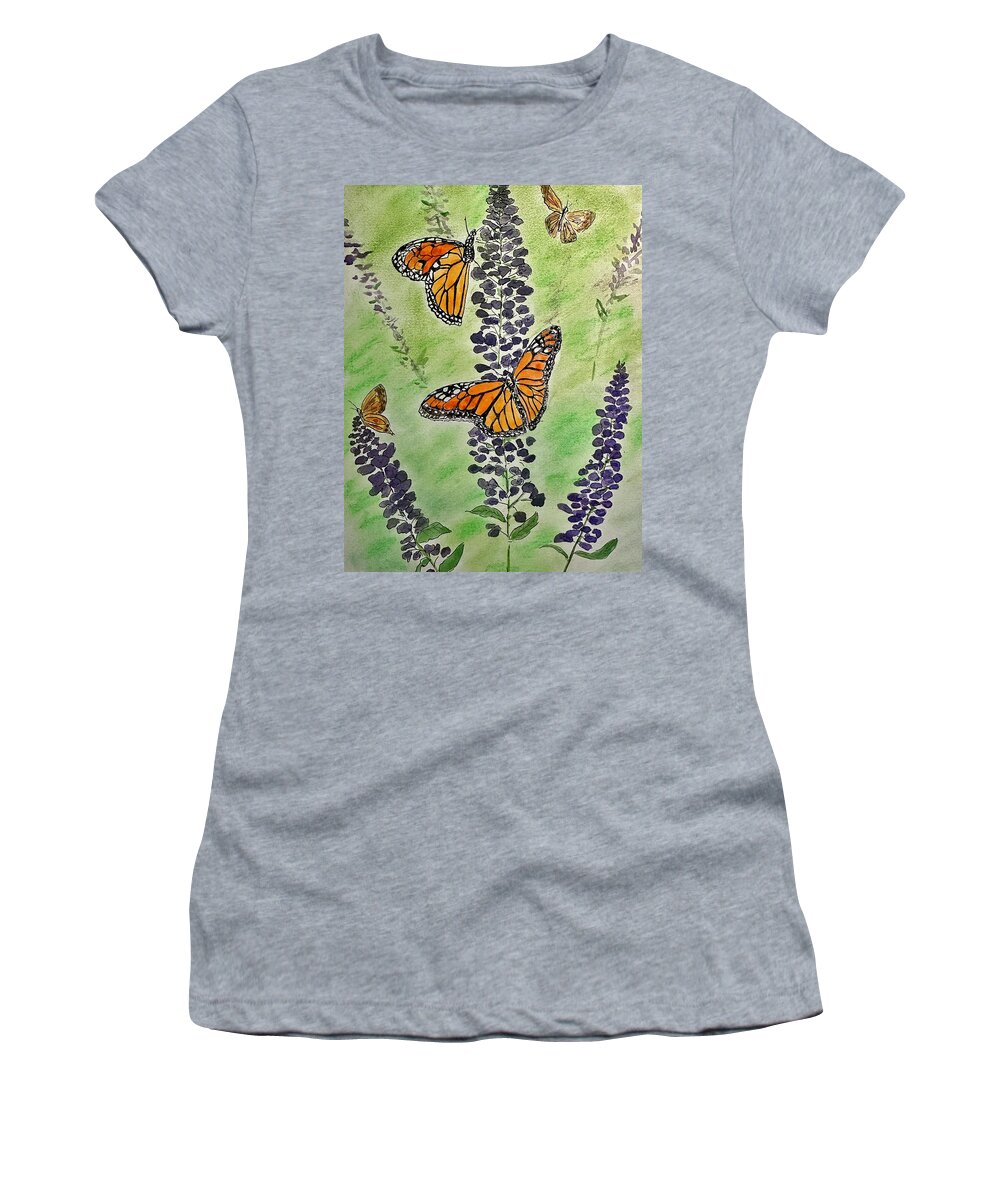 Monarch Butterfly Women's T-Shirt featuring the painting Butterflies on the Graden Lavender by Denise Van Deroef