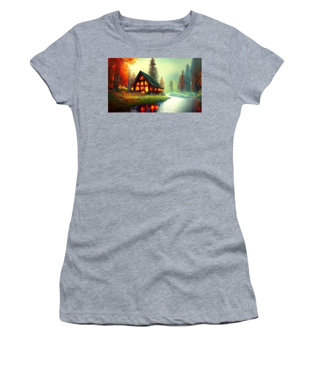 Digital Women's T-Shirt featuring the digital art Cabin on a River by Beverly Read