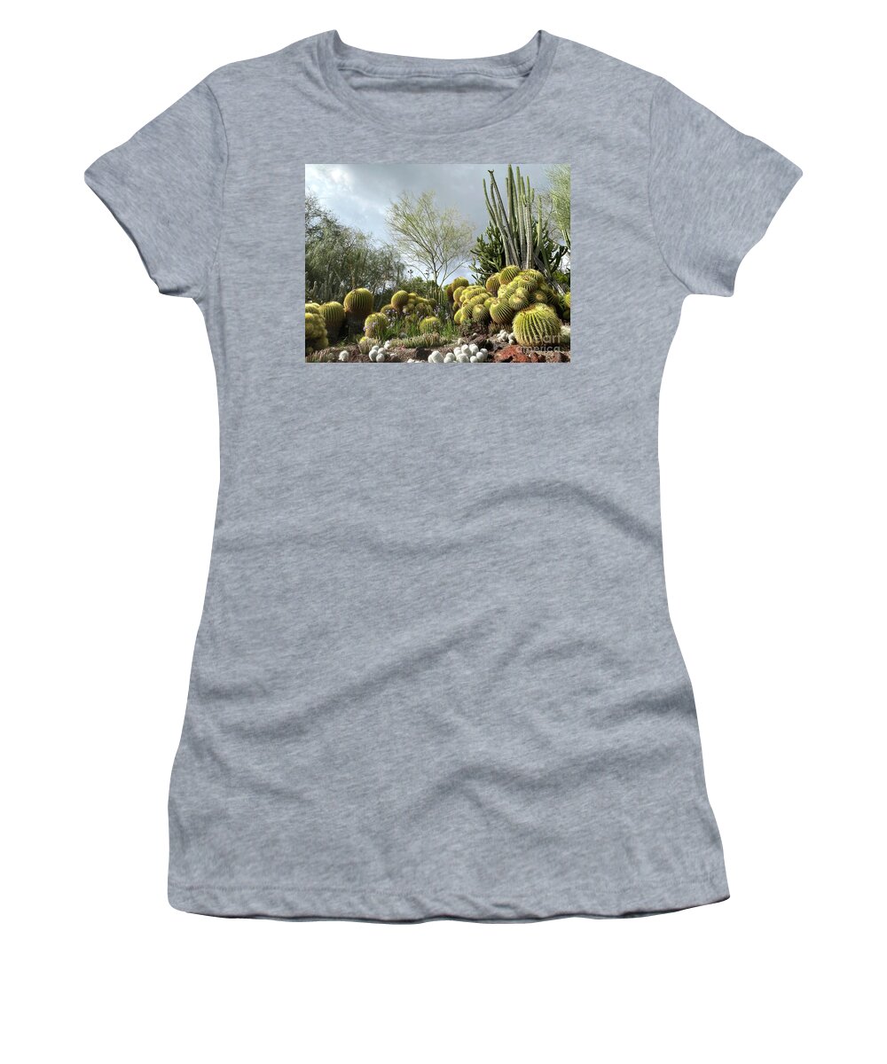 Clouds Women's T-Shirt featuring the photograph Cactus Garden with Cloudy Sky by Katherine Erickson