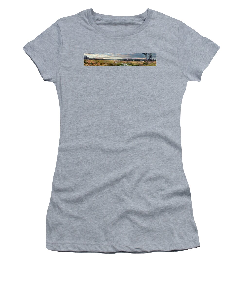 California Women's T-Shirt featuring the photograph California Mountains Tioga Meadow Stream panorama by Dan Carmichael
