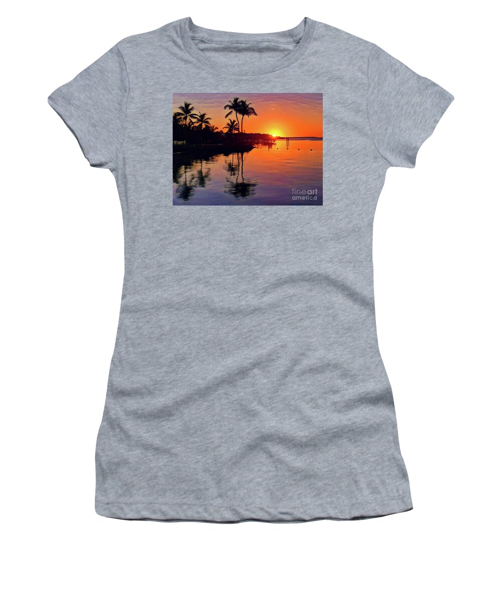 Islamorada Calm Carefree Golden Orange Glow Sunset Violet Reflections Dock Boat Water Peace Serenity Happiness Sky Palm Trees Reflections Eileen Kelly Artistic Aftermath Live Love Light Horizon Hope Art Artist Wall Canvas Prints Women's T-Shirt featuring the digital art Calm Carefree Reflections by Eileen Kelly