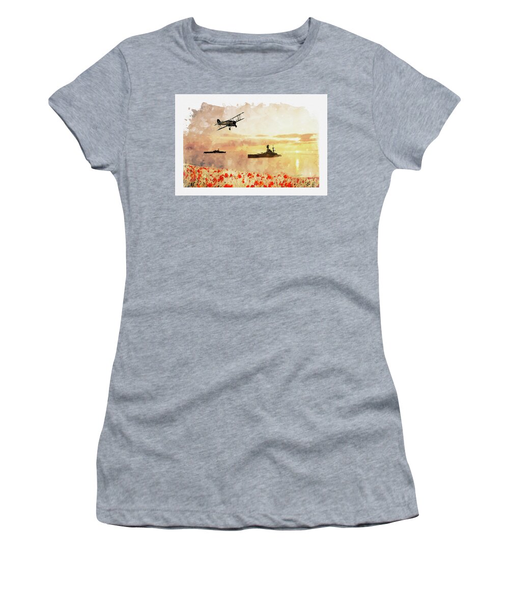 Navy Poppies Women's T-Shirt featuring the digital art Calmer Waters by Airpower Art