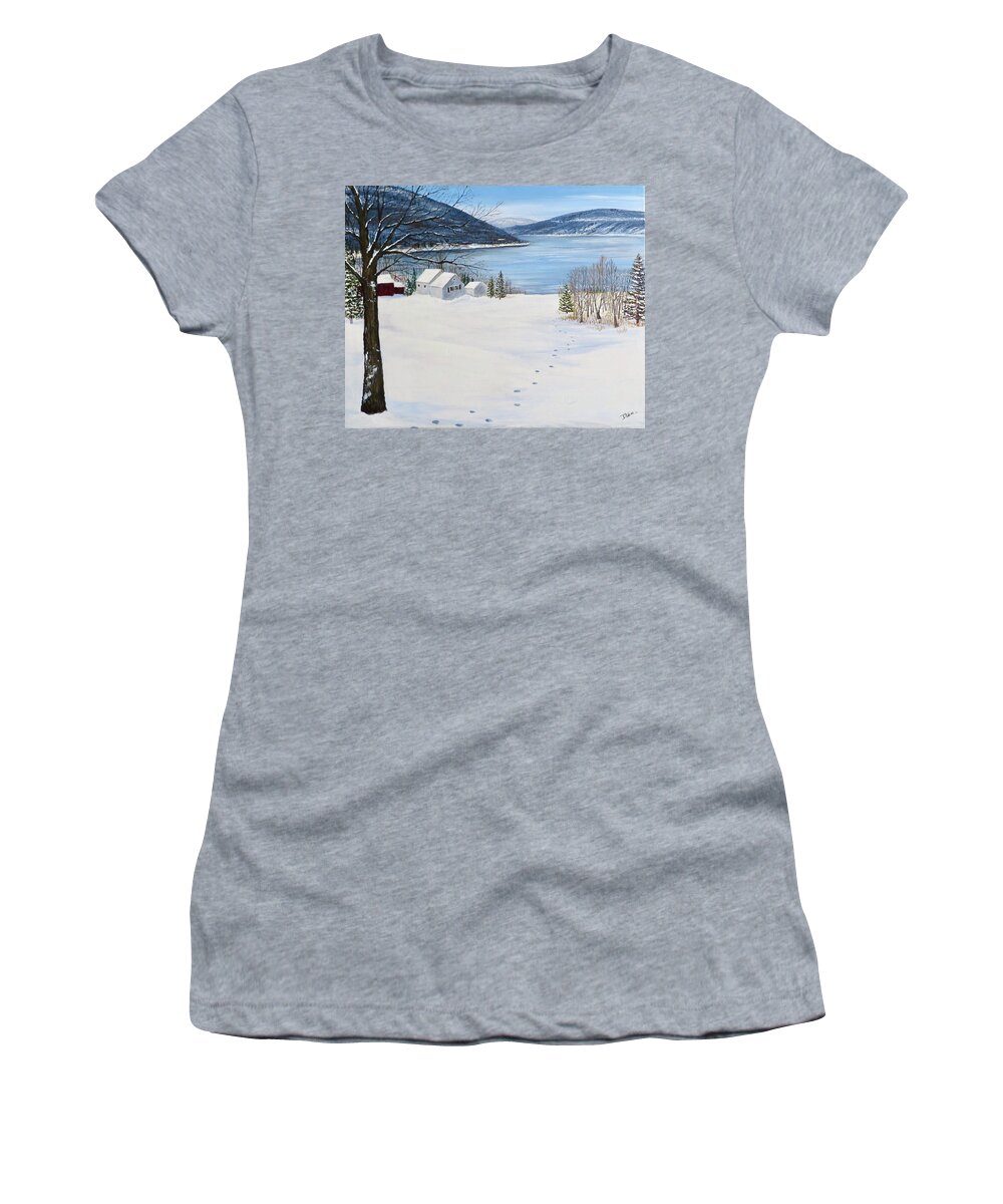 Winter Lake Scene Women's T-Shirt featuring the painting Canandaigua Lake in Winter by Denise Van Deroef