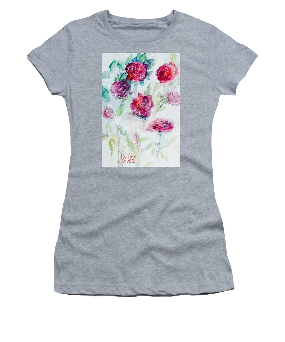 Watercolor Women's T-Shirt featuring the painting Candy Red Roses by Lisa Kaiser