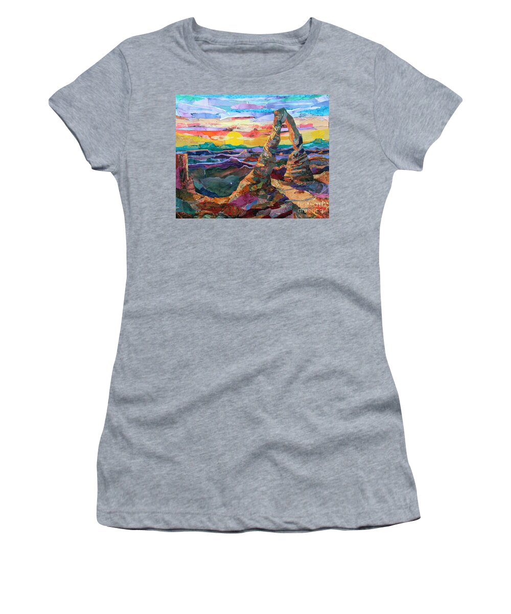 Li Newton Collage Collages Mixed Media Mixed-media Recycle Recycled Paper Magazines Grandcanyon Gran Anyone Majestic Sunrise Sunrises Sunset Sunsets Arch Arches National Park Women's T-Shirt featuring the mixed media Canyonland Sunrise by Li Newton