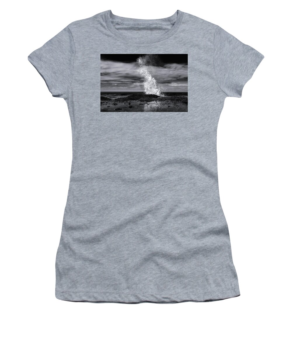 Beach Women's T-Shirt featuring the photograph Cape Perpetua Crashing Wave Black and White 2 by Pelo Blanco Photo