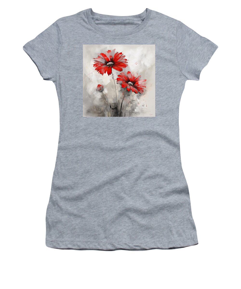 Red And Gray Art Women's T-Shirt featuring the digital art Captivating Red Flower on Graphite Gray by Lourry Legarde