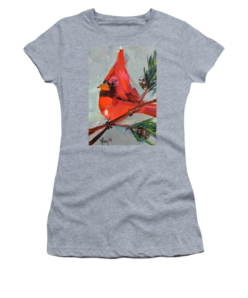 Cardinal Women's T-Shirt featuring the painting Cardinal in a Fir Tree by Roxy Rich