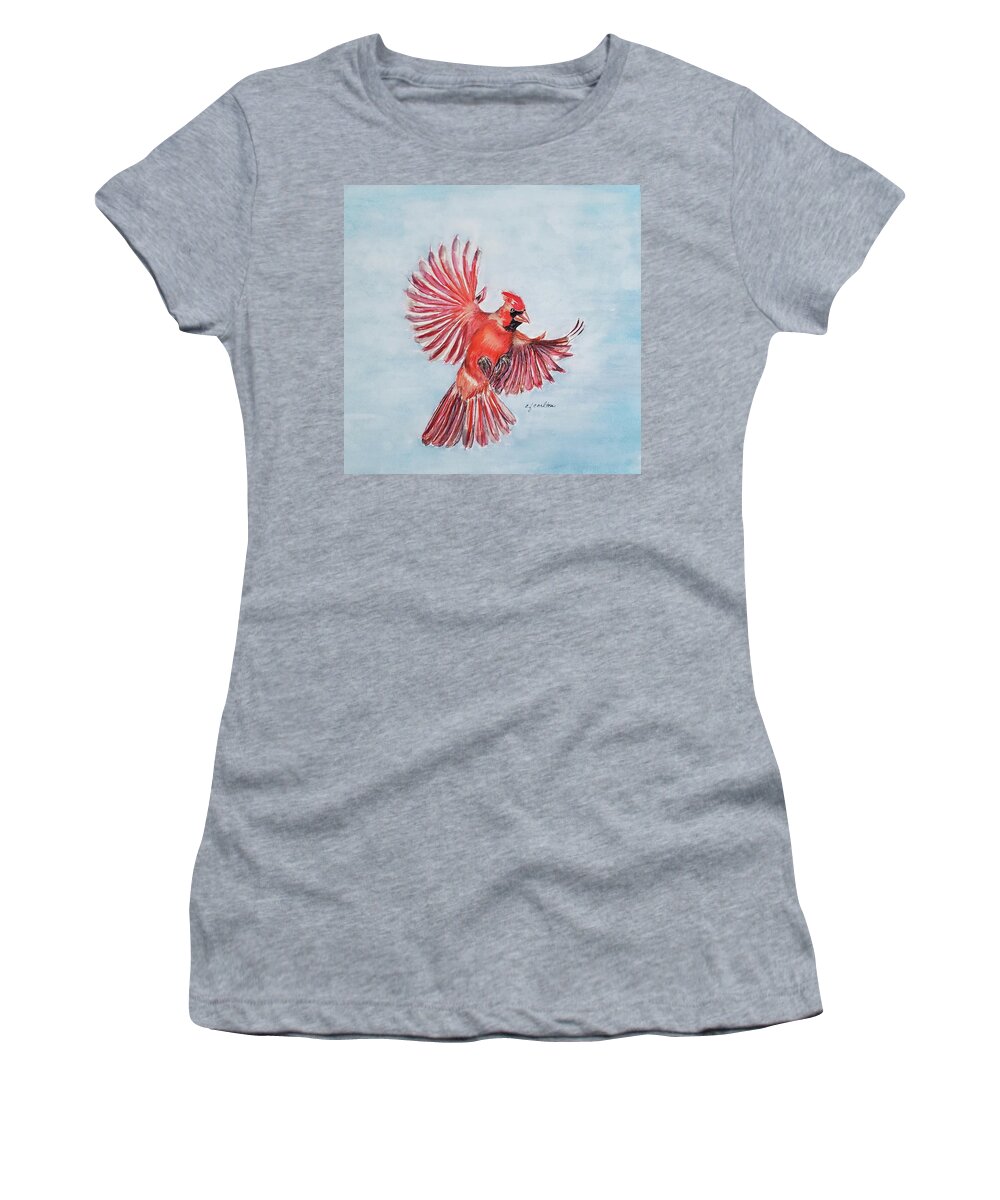 Cardinal Women's T-Shirt featuring the painting Cardinal in Flight by Claudette Carlton