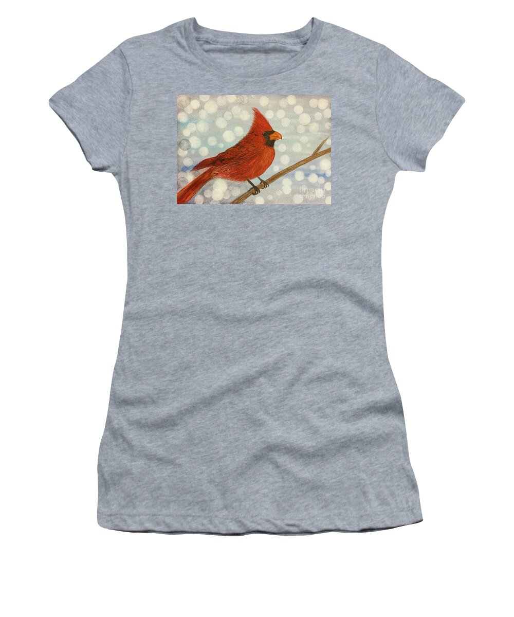 Cardinal Women's T-Shirt featuring the painting Cardinal in Snow by Lisa Neuman