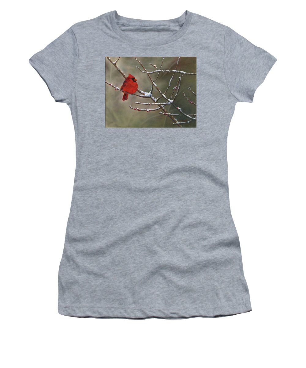 Red Cardinal Bird Original Oil Painting Canvas By Cecilia Brendel Using Diane Lindon Coy Photo State Bird Branch Winter Snow Bird Red Berries Women's T-Shirt featuring the painting Cardinal on Branch by Cecilia Brendel