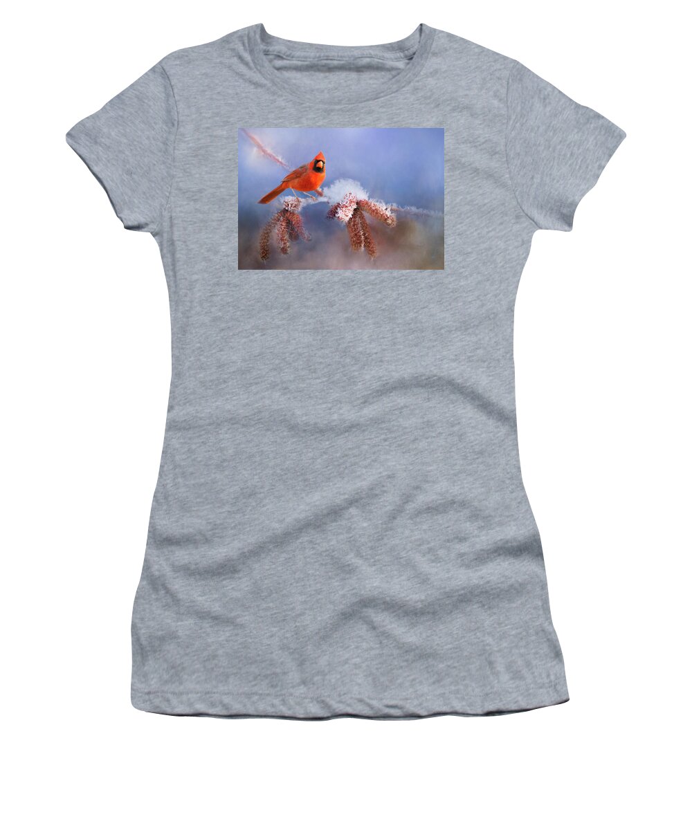 Cardiinal Women's T-Shirt featuring the mixed media Red Male Cardinal On Snow Branch by Billy Grimes