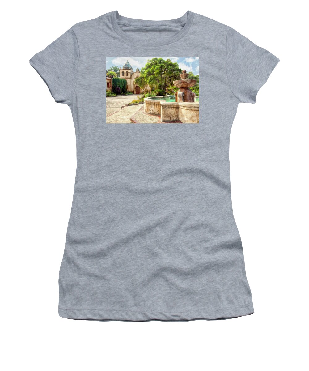 Carmel Women's T-Shirt featuring the photograph Carmel Mission and Fountain by Sharon Foster