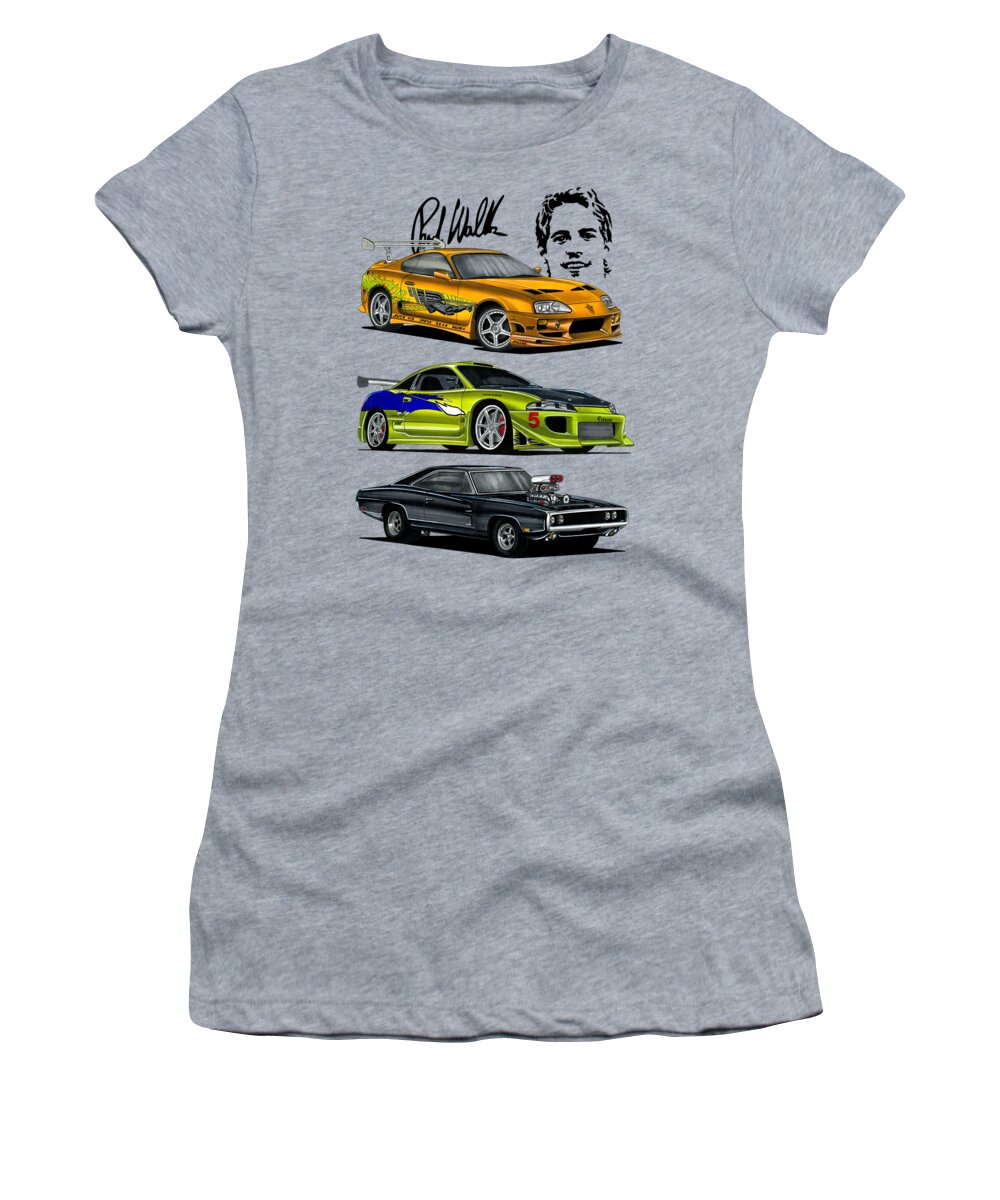 Toyota Supra Women's T-Shirt featuring the drawing Movie cars Fast and Furious Toyota Supra, Mitsubishi Eclipse, Dodge Charger by Vladyslav Shapovalenko