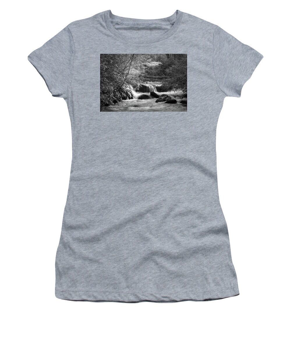 Black Women's T-Shirt featuring the photograph Cascading Waters in the Mountains Black and White by Debra and Dave Vanderlaan