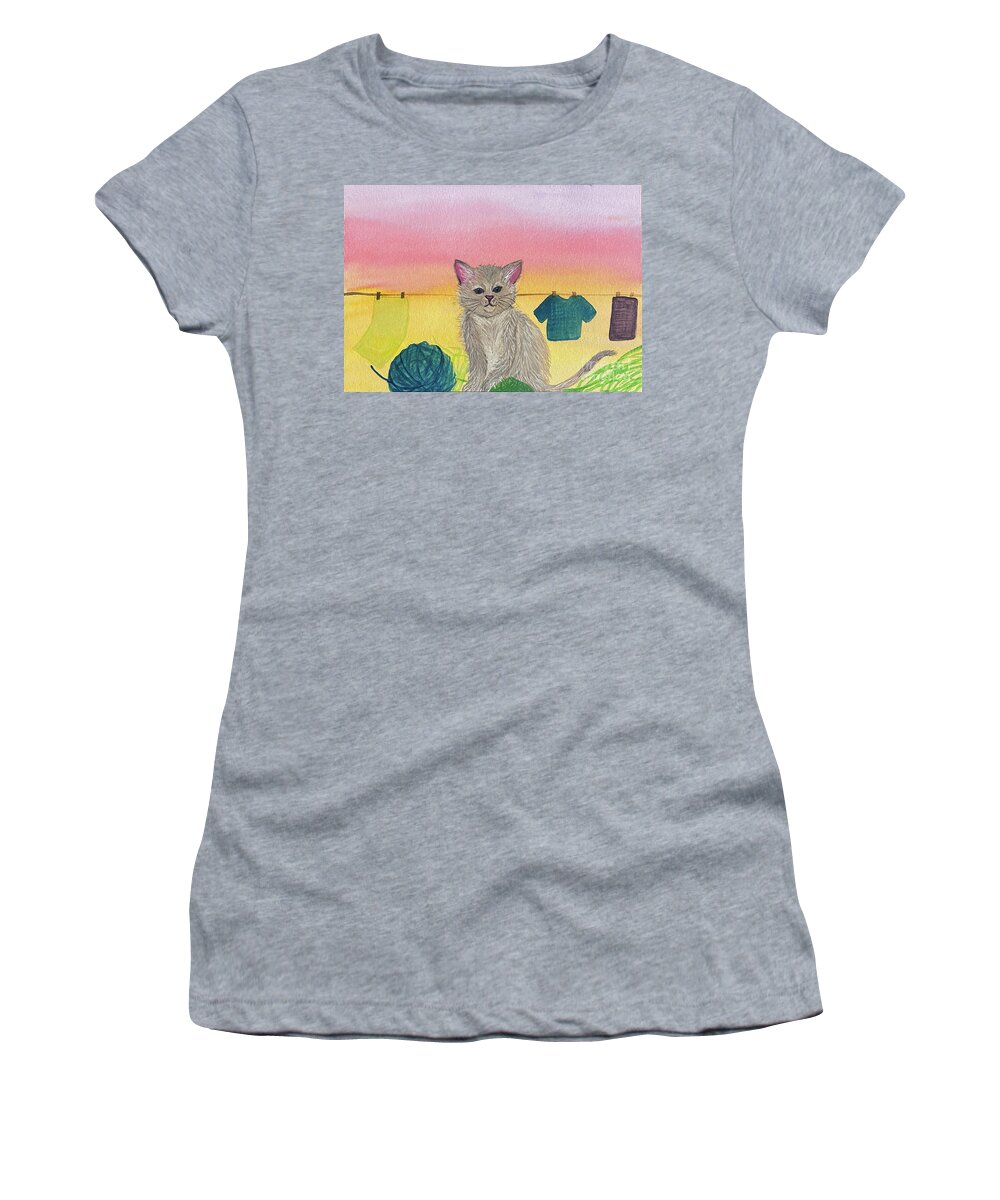 Cat Women's T-Shirt featuring the mixed media Cat and Yarn by Lisa Neuman