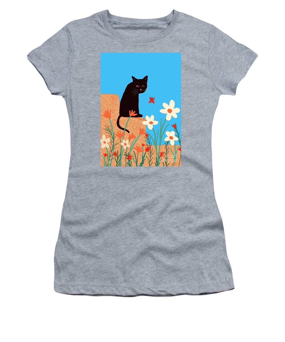 Black Cat Women's T-Shirt featuring the digital art Cat watching butterfly by Elaine Hayward