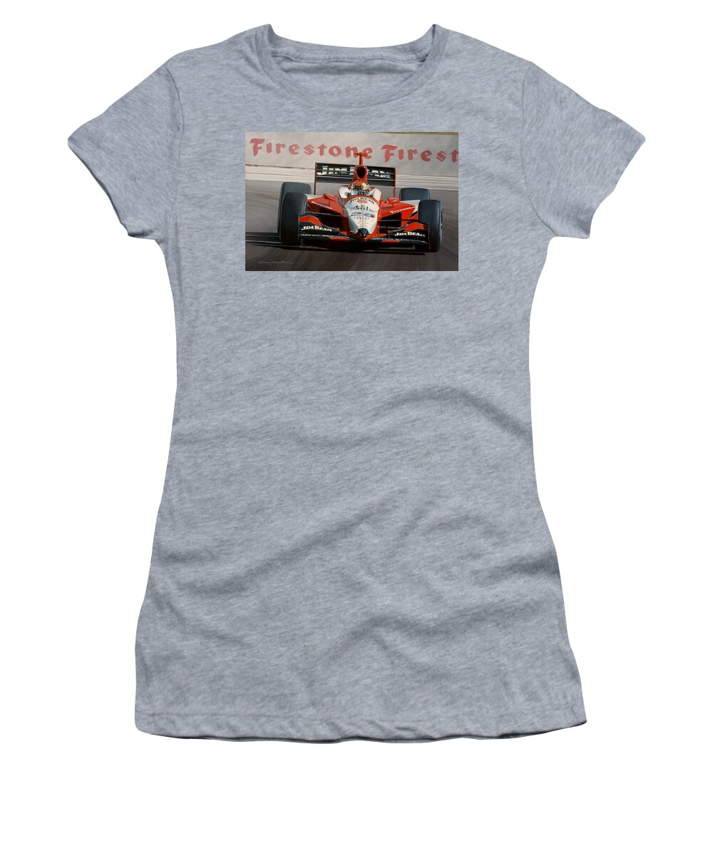 Drag Racing Nhra Top Fuel Funny Car John Force Kenny Youngblood Nitro Champion March Meet Images Image Race Track Fuel Indy Car Dan Weldon Champ Nnostalgia Women's T-Shirt featuring the painting Champs Champ by Kenny Youngblood
