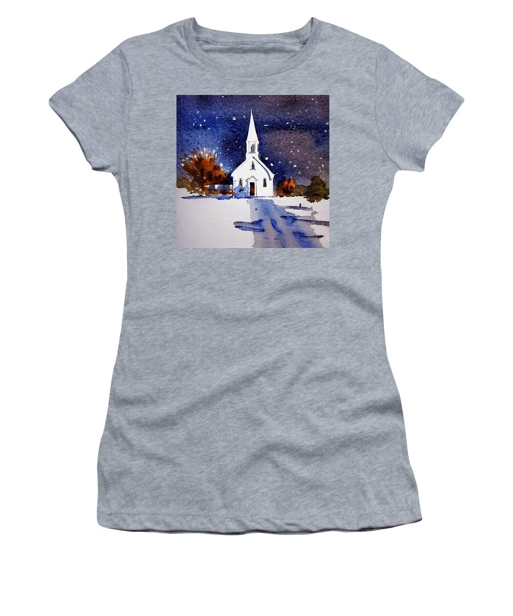 Chapel Women's T-Shirt featuring the painting Chapel on a Winter's Morn, New Jersey by Christopher Lotito