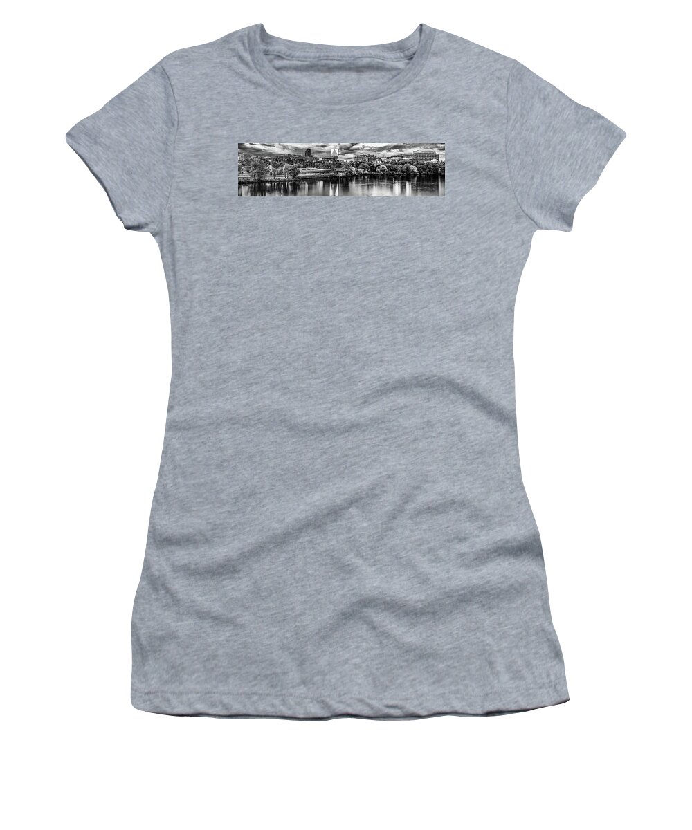 Boston Panorama Women's T-Shirt featuring the photograph Charles River Black and White Panorama - Boston Massachusetts by Gregory Ballos