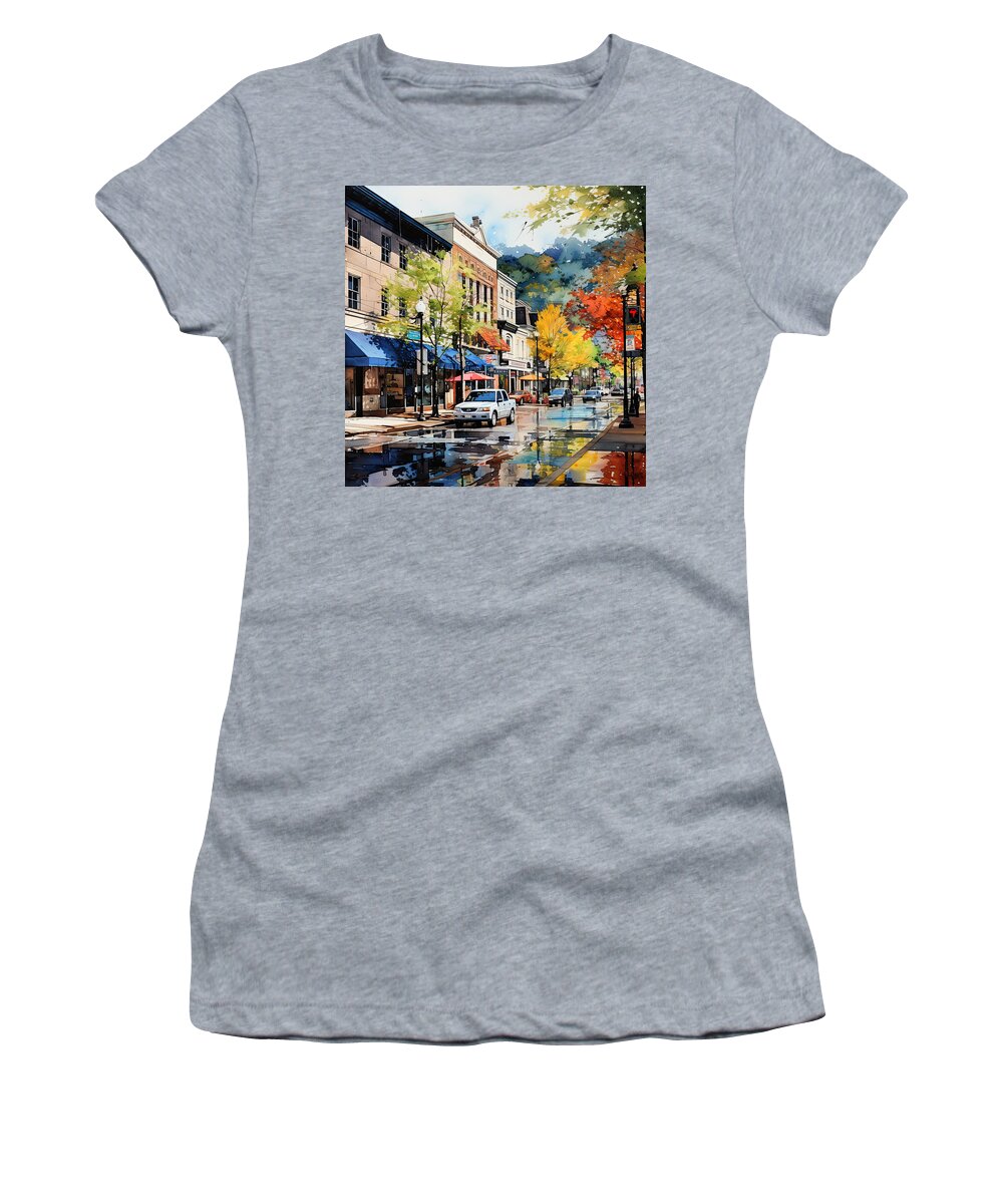 Hot Springs Arkansas Women's T-Shirt featuring the painting Charming Downtown Scene in the Fall by Lourry Legarde