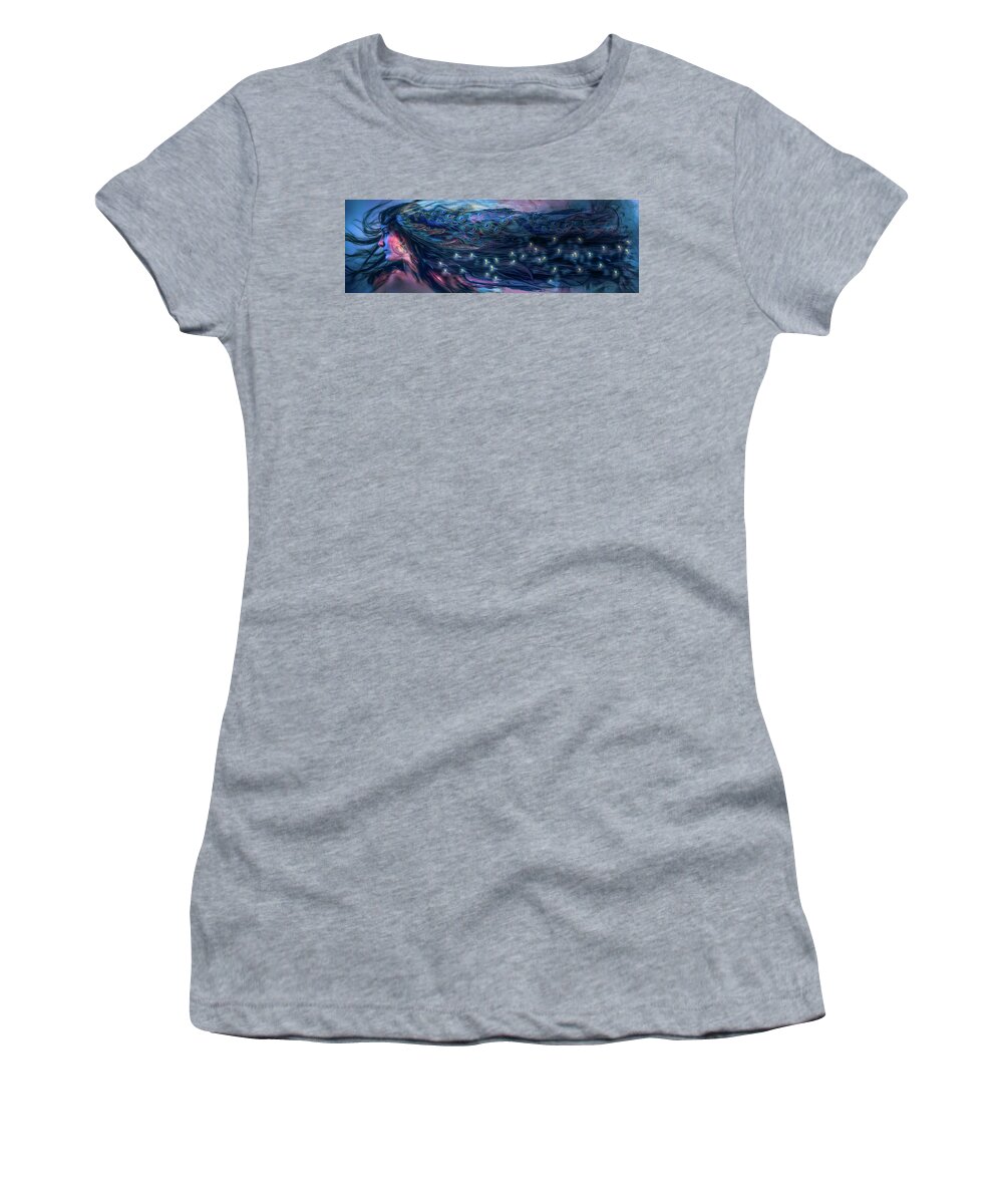 Bird Women's T-Shirt featuring the digital art Cherokee Turquoise Tears Become Fireflies by Debra and Dave Vanderlaan