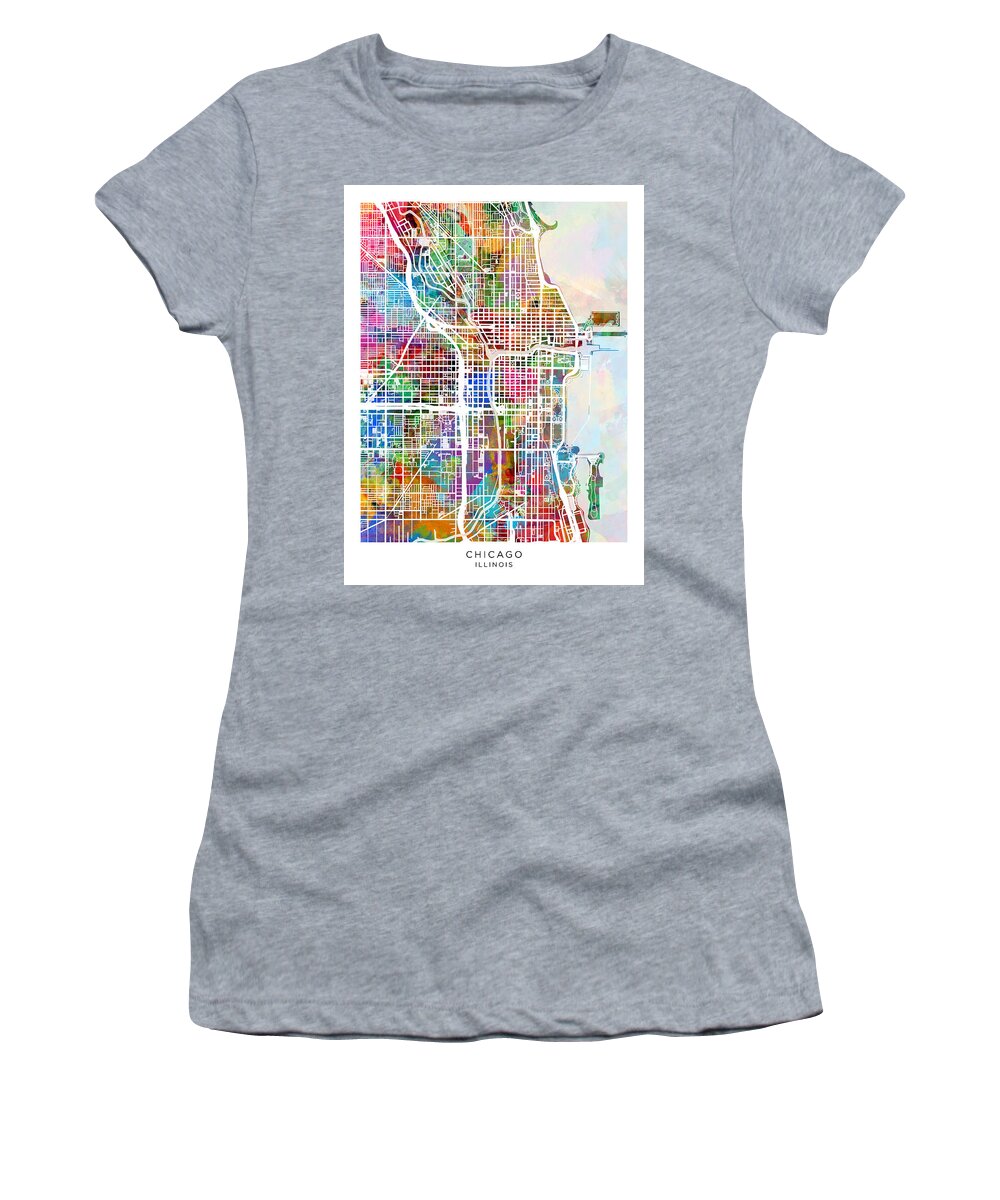 Chicago Women's T-Shirt featuring the digital art Chicago City Street Map #34 by Michael Tompsett