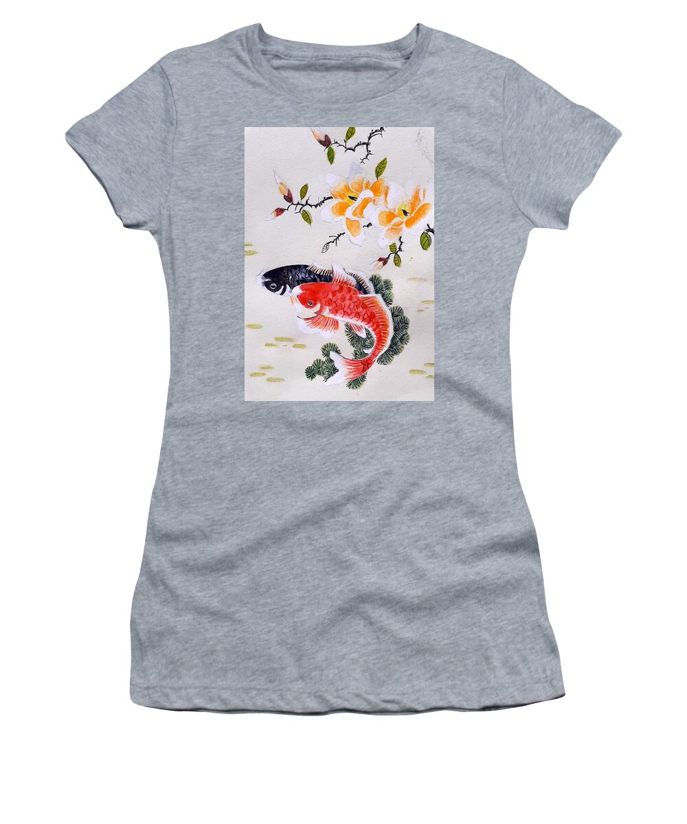 Watercolor Pencils Women's T-Shirt featuring the painting Chinese fishes by Carolina Prieto Moreno