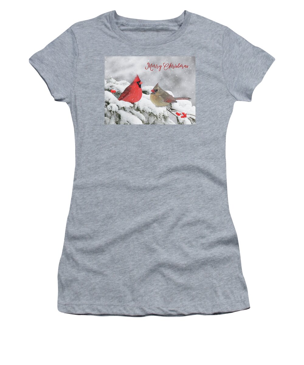 Cardinal Women's T-Shirt featuring the mixed media Christmas Cardinals by Lori Deiter