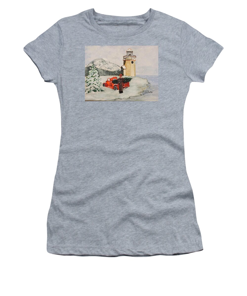 Rainier Women's T-Shirt featuring the painting Christmas in the Harbor by Juliette Becker