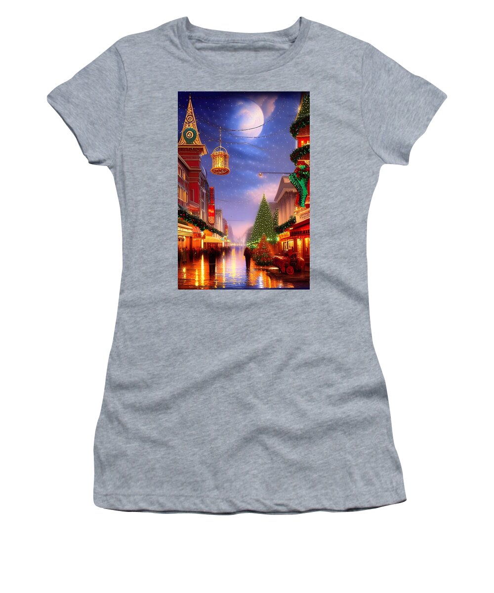 Digital Christmas City Shoppers Moon Women's T-Shirt featuring the digital art Christmas Under the Moon by Beverly Read