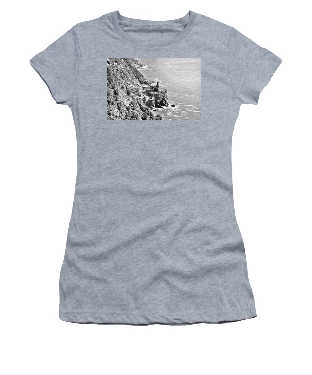 Cinque Terre Women's T-Shirt featuring the photograph Cinque Terre Trail Overlook of Vernazza and Doria Castle Italy Black and White by Shawn O'Brien