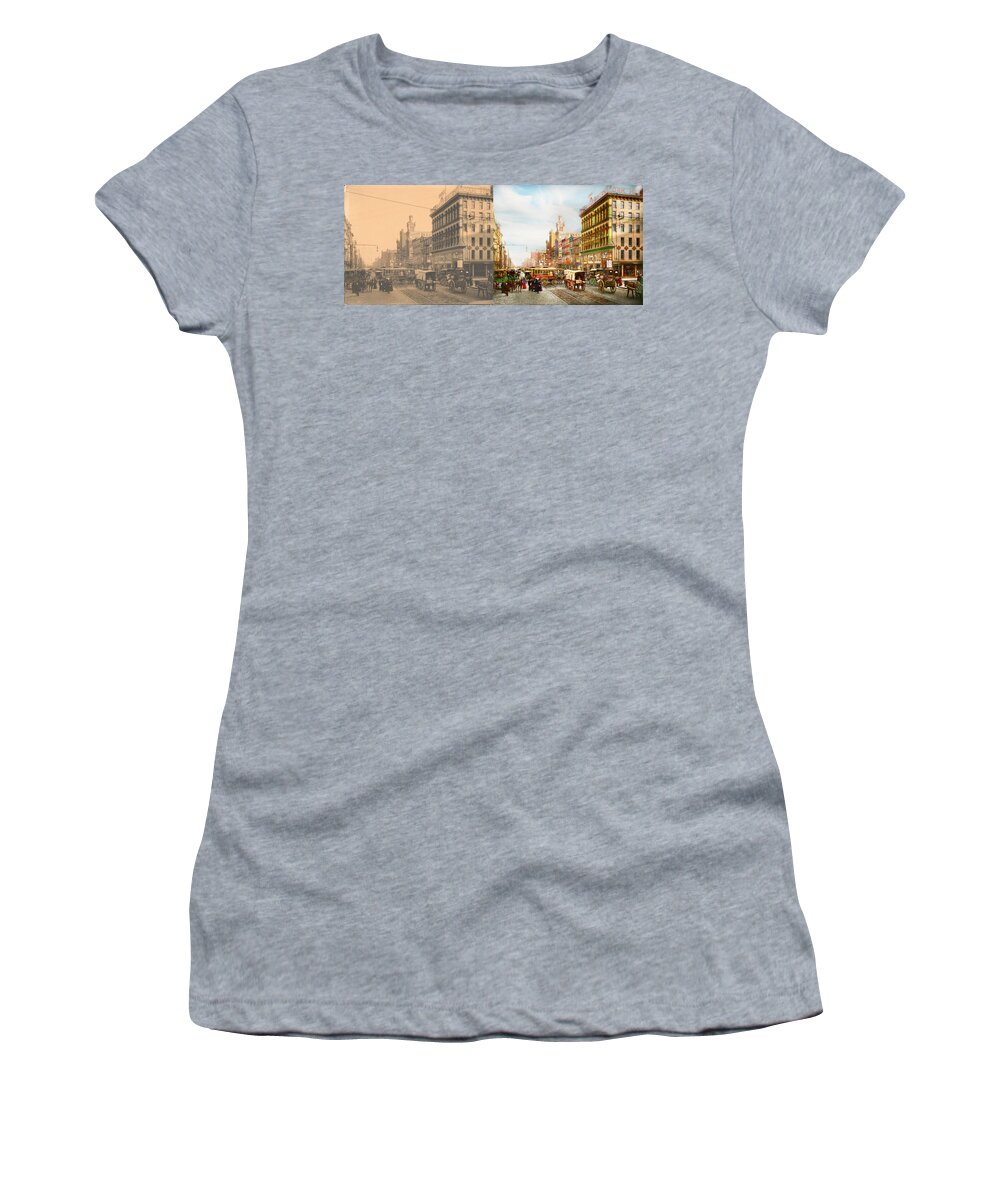 Philly Women's T-Shirt featuring the photograph City - Philadelphia, PA - Sixth and Market St 1902 - Side by Side by Mike Savad