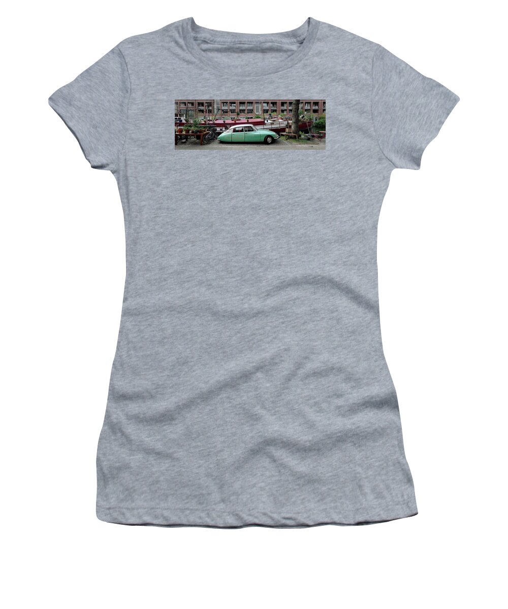Amsterdam Women's T-Shirt featuring the photograph Classic citreon car and canal boathouse Amsterdam by Sonny Ryse