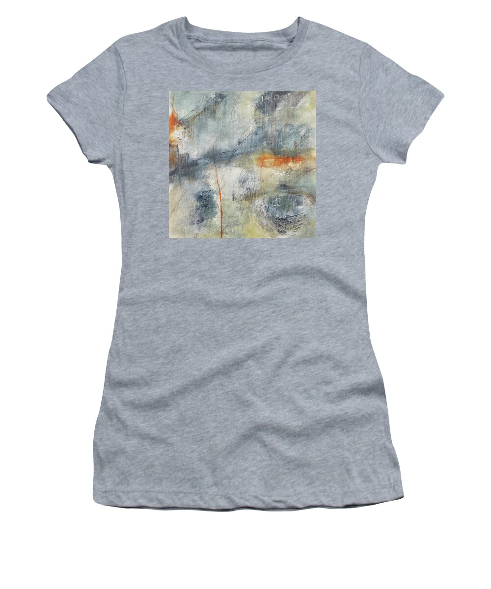 Colorful Abstract Women's T-Shirt featuring the painting CLIMATE CHANGE Abstract Movement in Stone Blue Orange Ochre White by Lynnie Lang