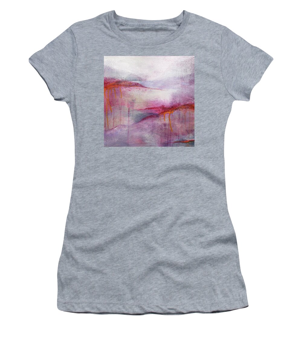 Red Women's T-Shirt featuring the painting CLIMATE CHANGE III Abstract Landscape Sunset in Red Pink Purple Orange Gray by Lynnie Lang