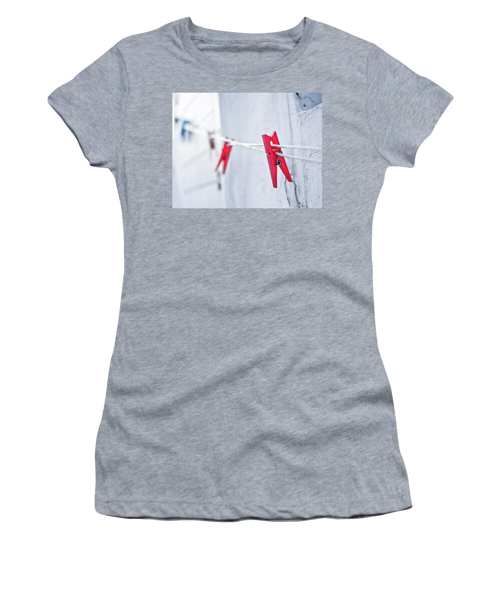 Clothes Line Mykonos Greece Red Clothespin Women's T-Shirt featuring the photograph Clothesline in Mykonos, Greece by David Morehead